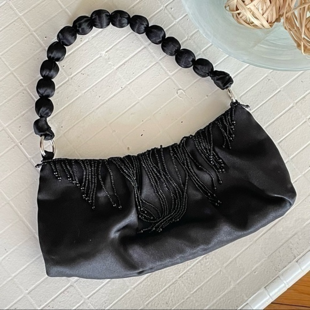 $15 SALE Baguette Purse Black Bead Fringe Evening Holiday Party BIJOUX TERNER